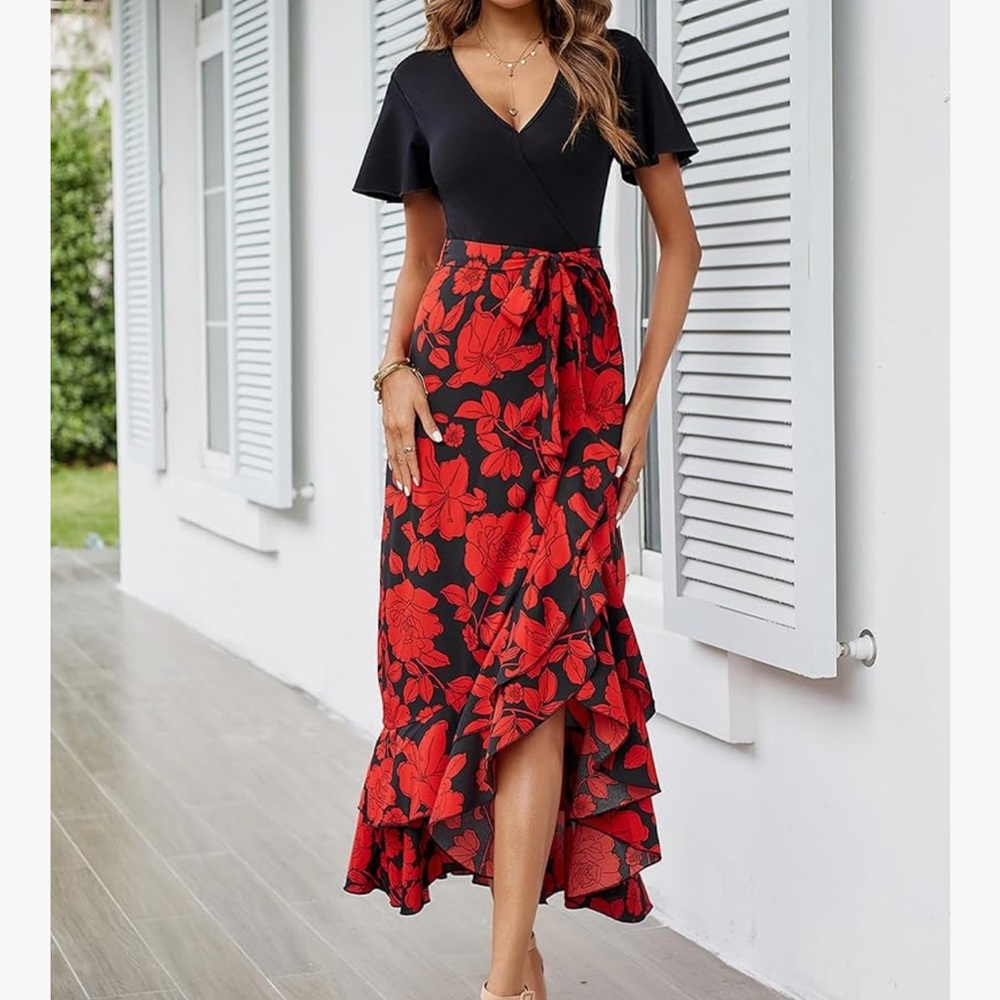 Floral Red and Black Women's Dress